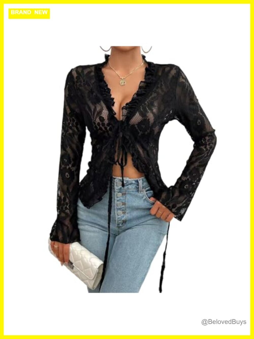 Womens Sheer Lace Mesh V Neck Long Sleeve Blouse Y2K